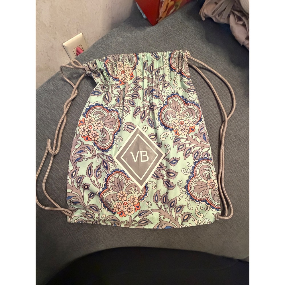 Vera Bradley Mint Green Paisley Floral Cinch Drawstring Backpack Bag VB Logo